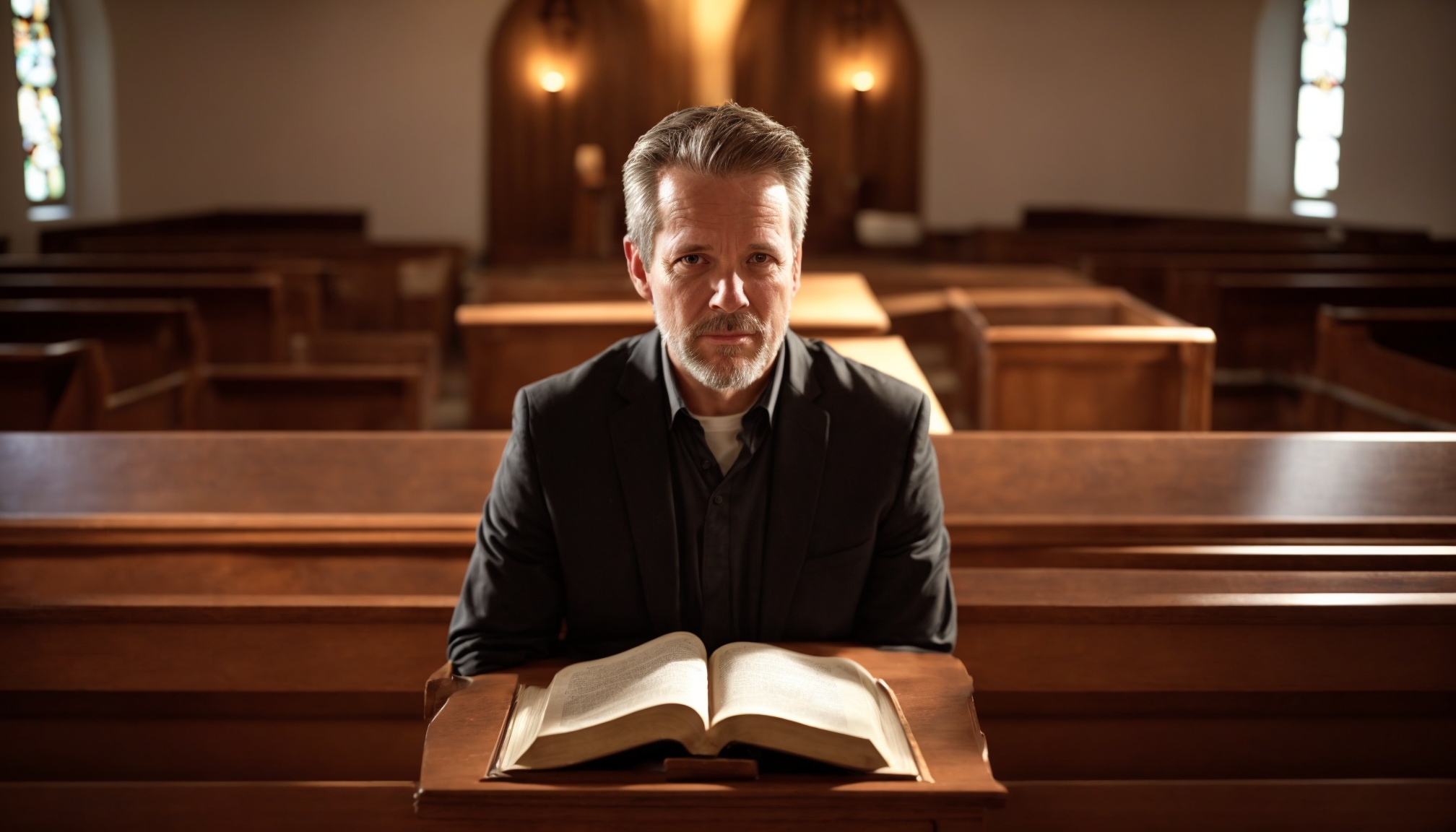 Pastor thoughtfully reading an open Bible behind a pulpit during church service