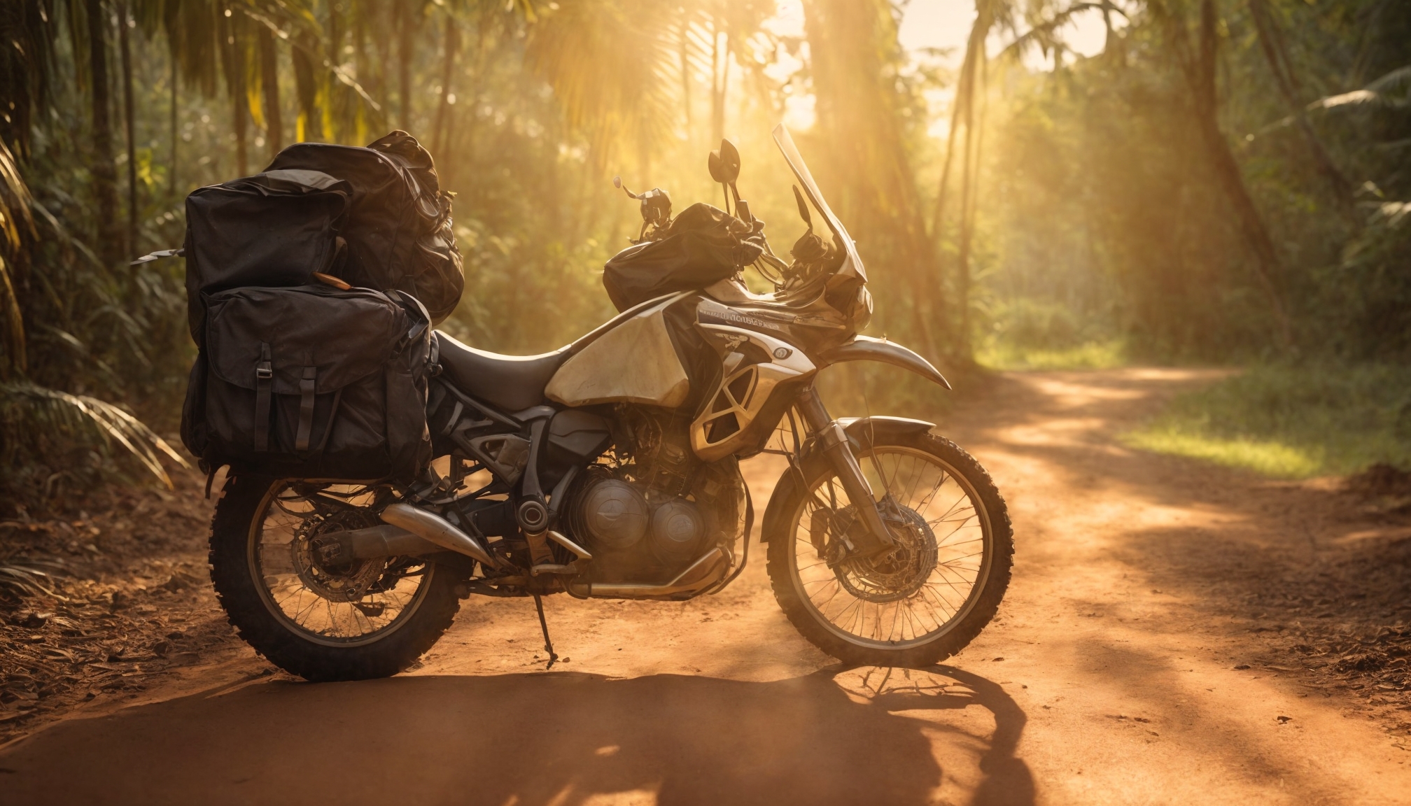 Adventure motorcycle loaded with mission gear and panniers on a dirt road for complete motorcycle touring gear preparation
