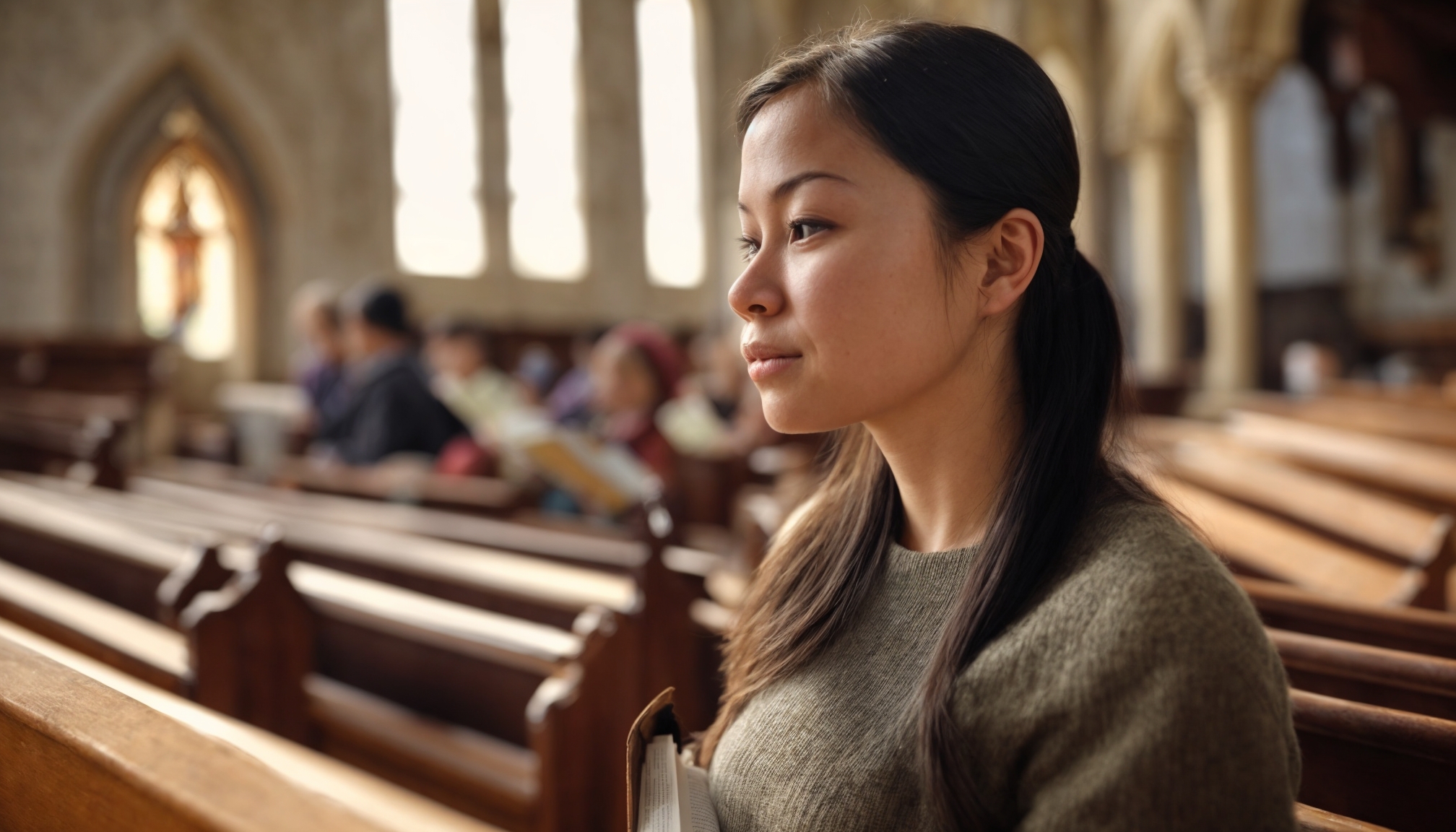 Woman reading daily Bible verse in church community setting
