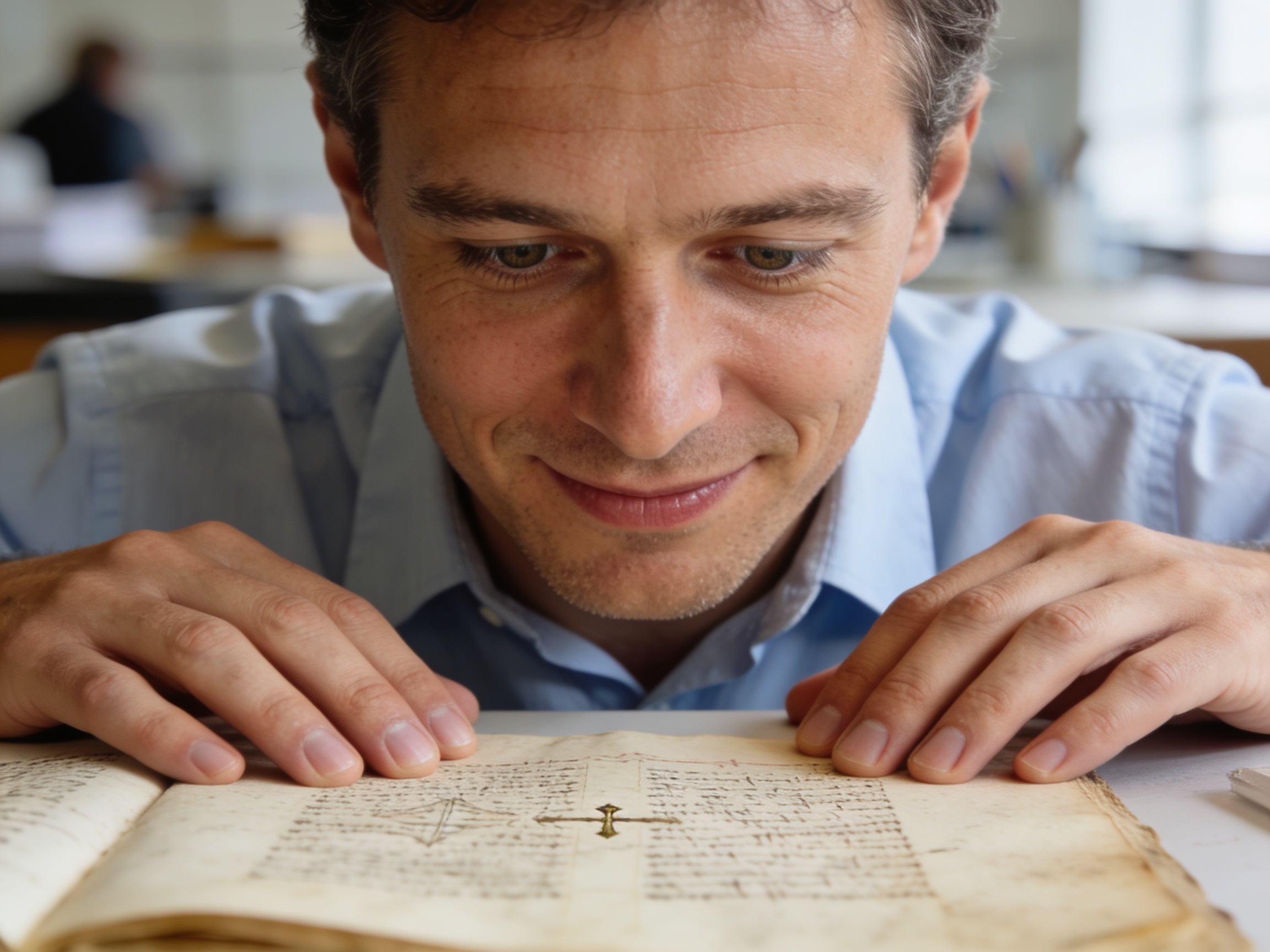 Theology researcher studying ancient biblical manuscripts in a natural workspace