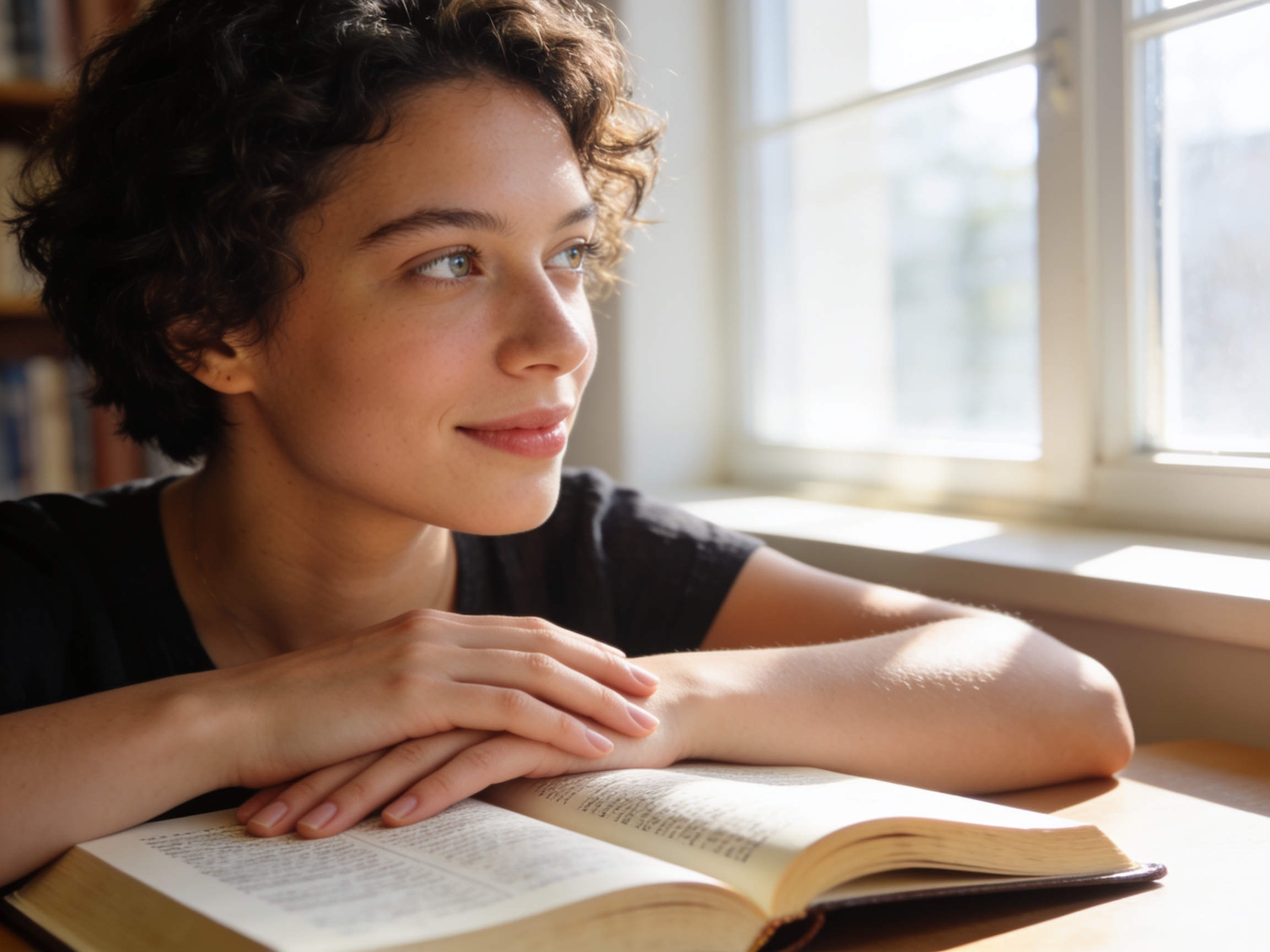 Woman reading bible peacefully in sunlit room