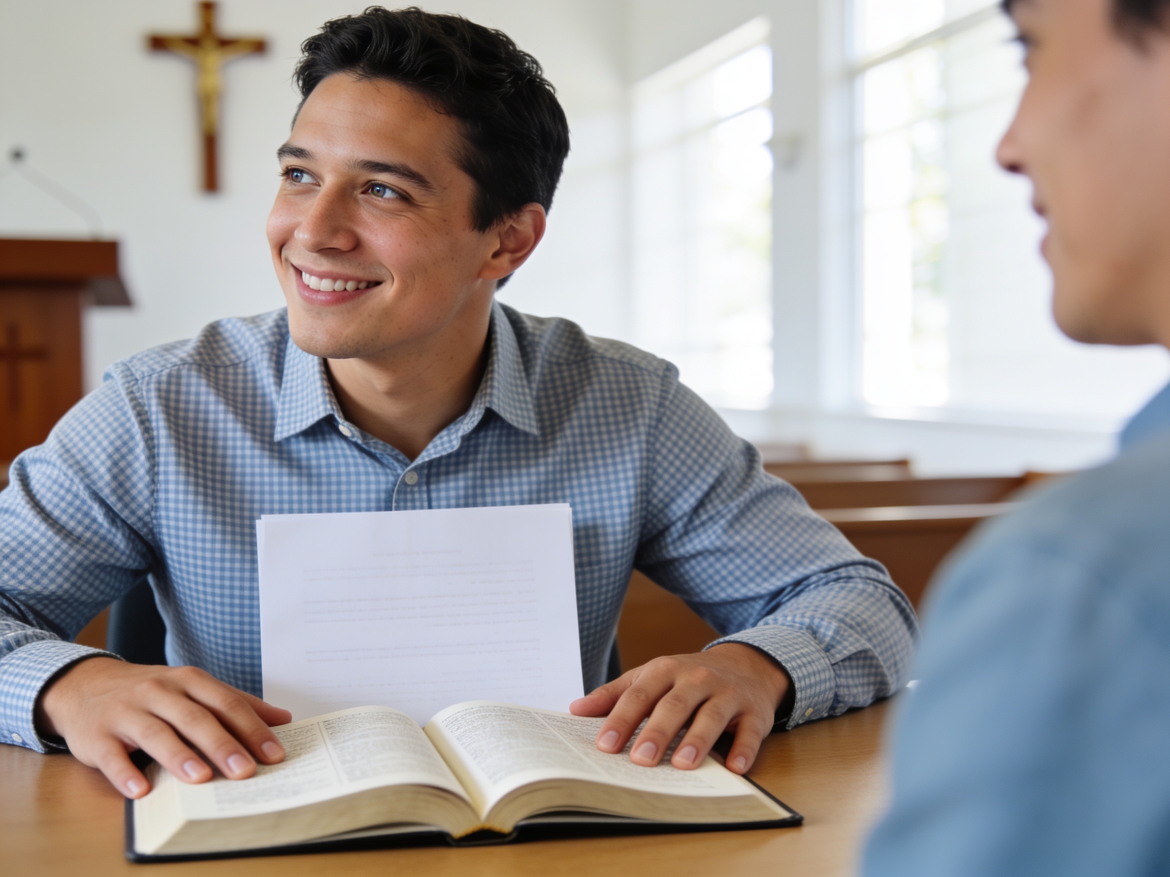 Youth pastor discussing faith in a modern church office