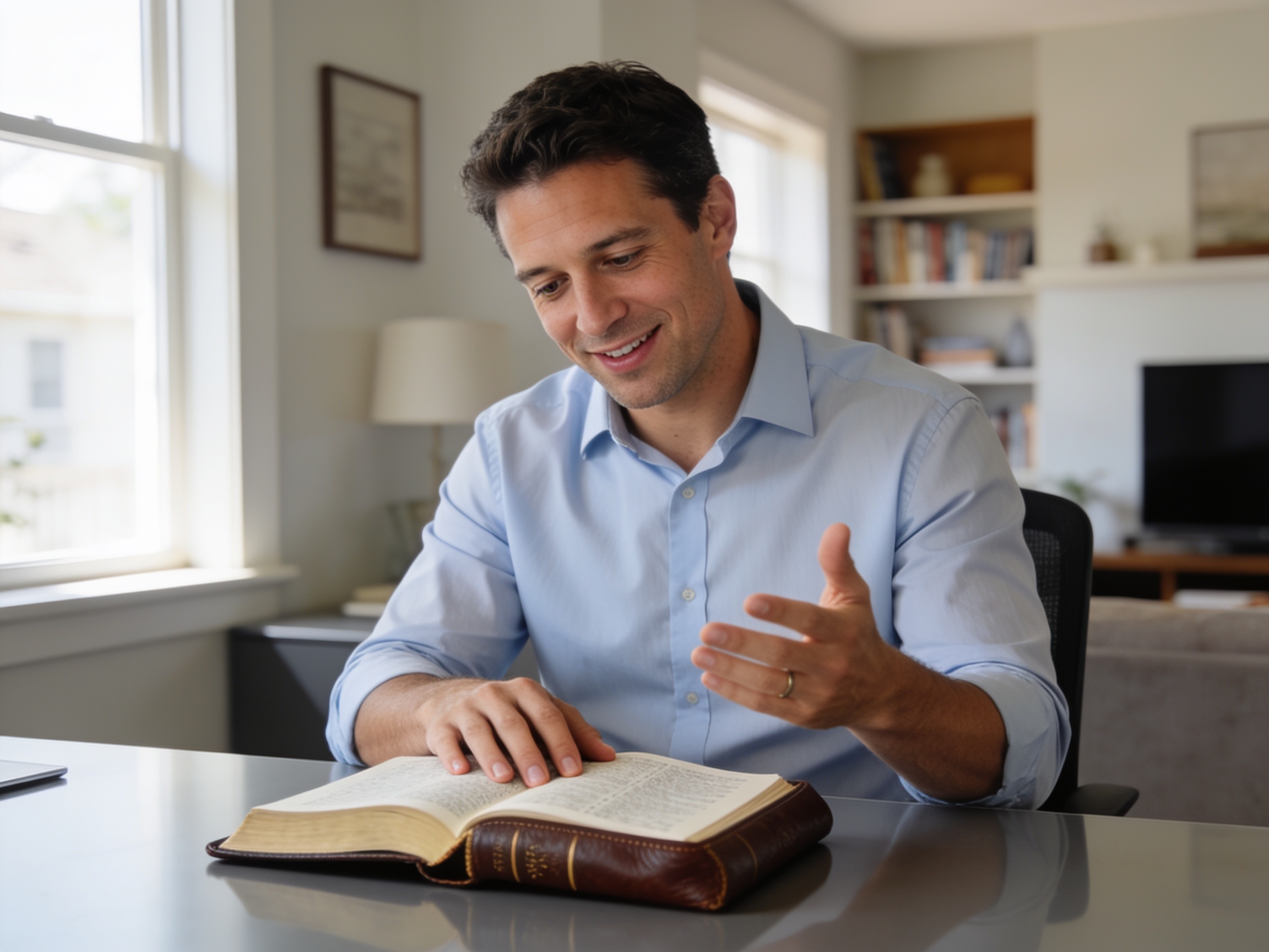 Man reading Bible for daily christian faith practices at home study desk