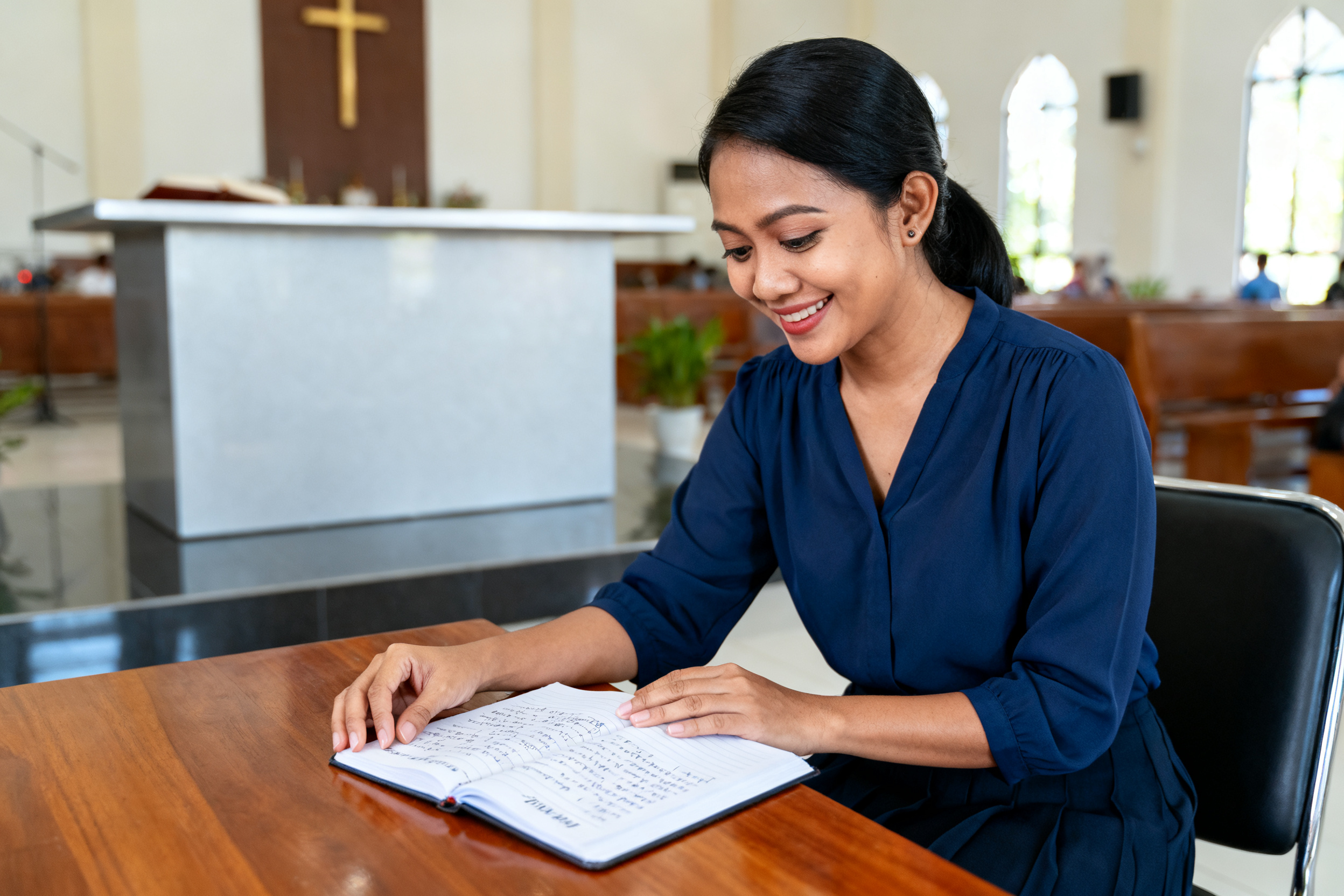 Indonesian woman reviewing prayer journal illustrating miracle faith church reflection