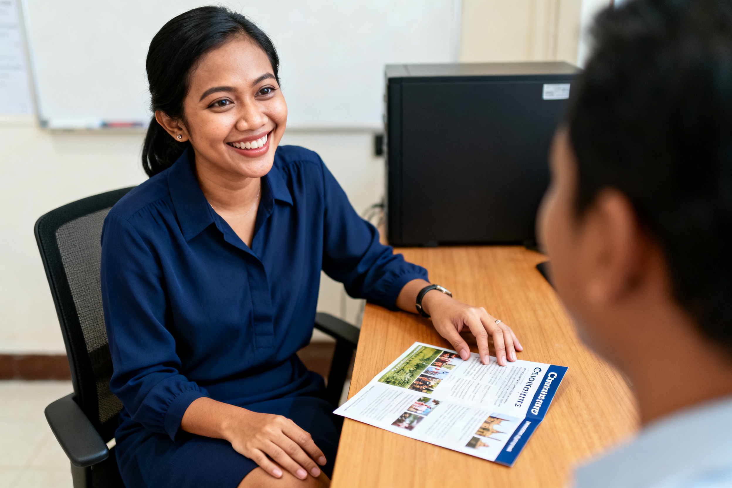 Indonesian woman reviewing church outreach brochure, illustrating modern churches community impact strategies